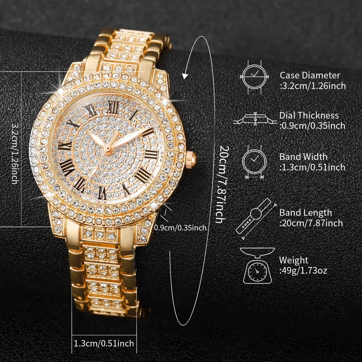 2PCS Fashion Full Diamond Women's Watch Gold Steel Band Analog Quartz Watches Bracelet Set