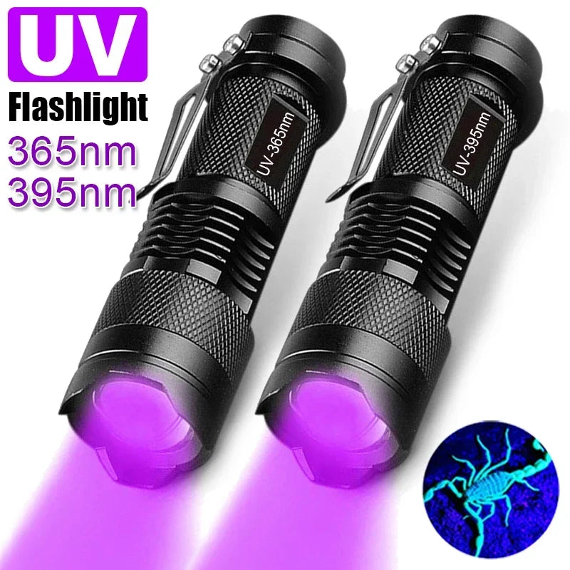 UV Flashlight LED Ultraviolet Torch Zoomable Mini Ultra Violet Lights 395/365nm Inspection Lamp Pet Urine Stain Detector Tools