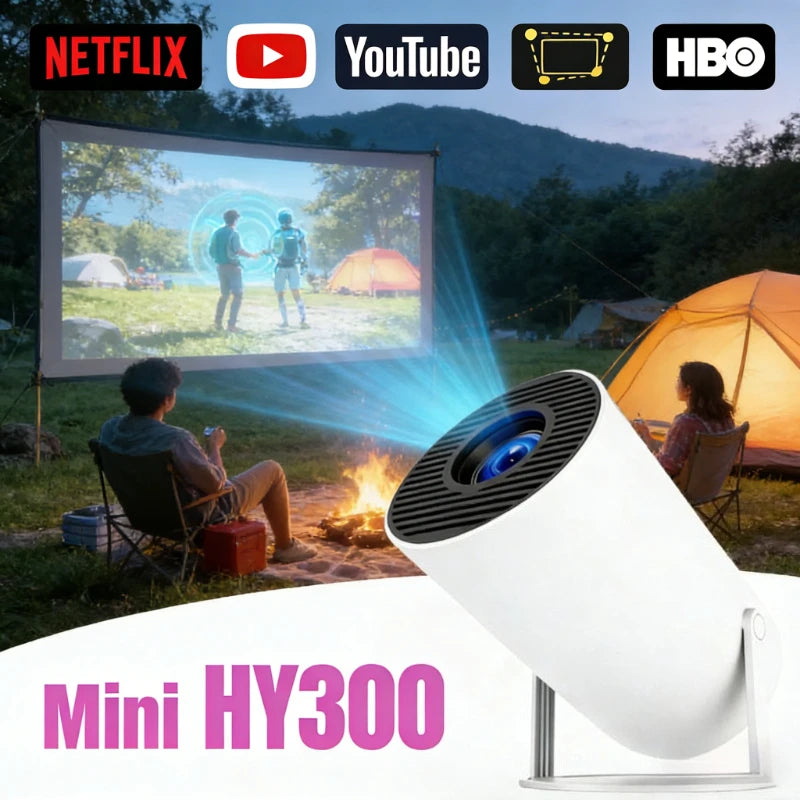 होम थिएटर पोर्टेबल प्रोजेक्टर 2025 मिनी HY300 4K अल्ट्रा HD 300ANSI एंड्रॉइड 11 BT54 इलेक्ट्रॉनिक फोकस और बिल्ट-इन स्पीकर के साथ