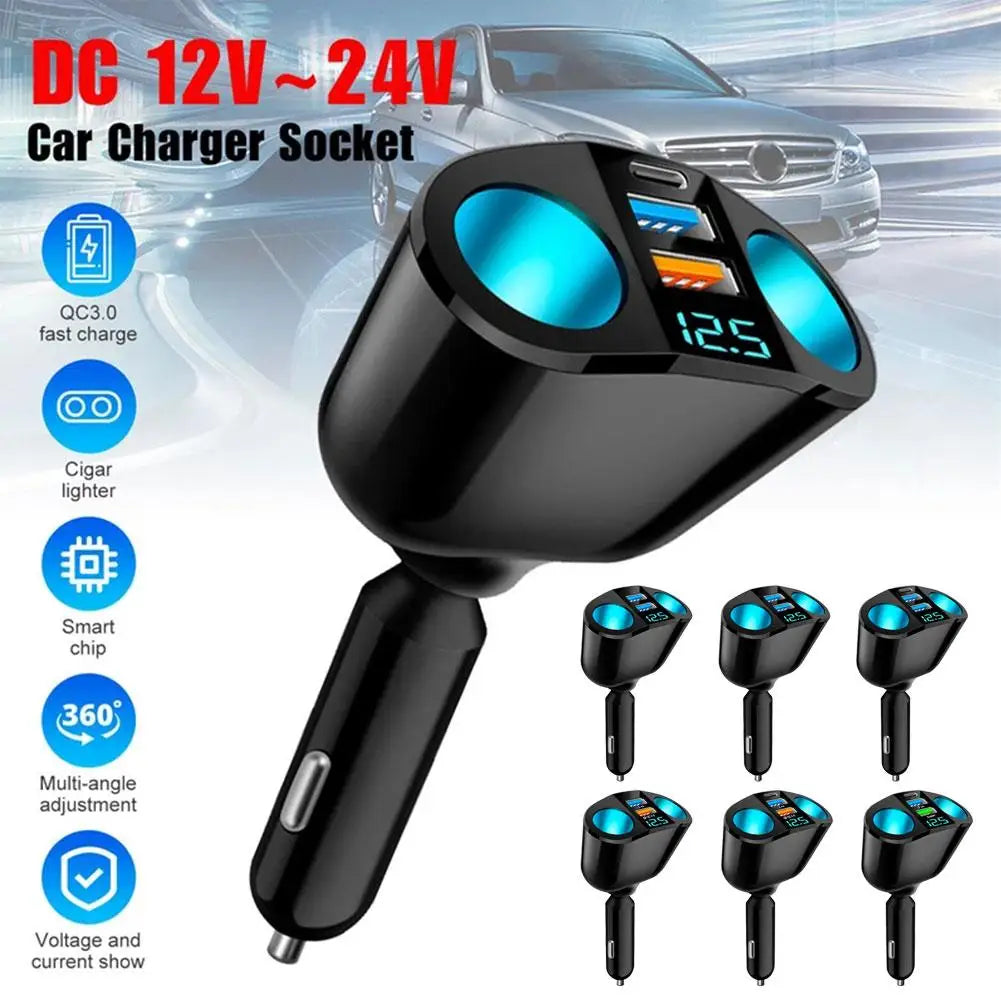 66W Fast Car Charger 12V-24V Socket Splitter Dual USB Type-C Car Charging Digital Display For Mobile Phone DVR Fast Charging