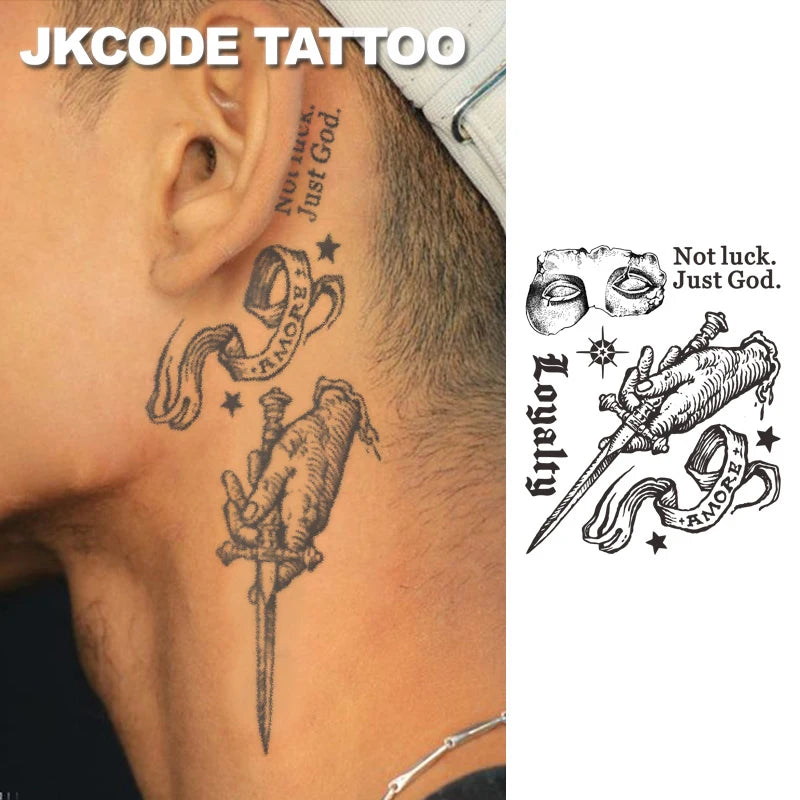 Herbal Halloween Tattoo - Cool Graffiti Style Sketch Tattoo - Mysterious Ball Mask Tattoo - Gothic Style - English Pattern "Loyalty" - Casual Tattoo for Men and Women on Hands, Feet, and Head - Long-Lasting Waterproof Tattoo