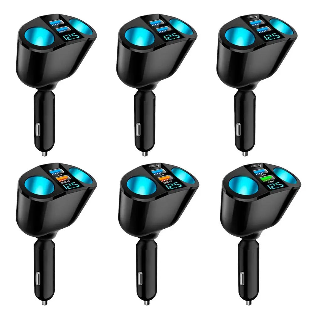 66W Fast Car Charger 12V-24V Socket Splitter Dual USB Type-C Car Charging Digital Display For Mobile Phone DVR Fast Charging
