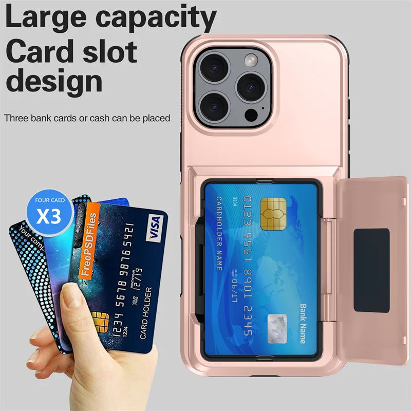 iPhone 15, 14, 16, 13, 12, 11 Pro Max के लिए शॉकप्रूफ सिलिकॉन वॉलेट कार्ड स्लॉट फ्लिप फोन केस, iPhone 17 के लिए ब्रैकेट प्रोटेक्टिव केस