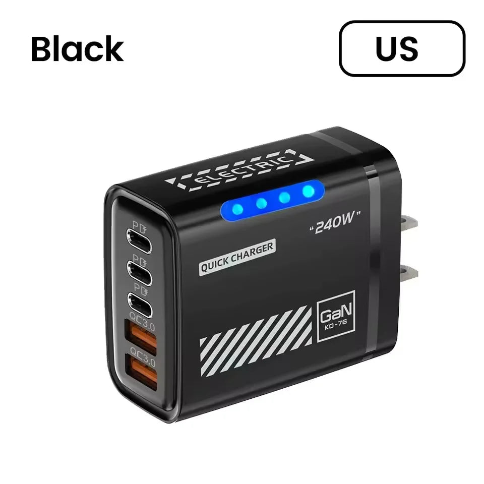 5 IN 1 GaN Desktop Charger For IPhone17 16Pro Laptop Samsung 240W Fast Charging Adapter USB C To Type-C Cable 3PD 2USB Charger