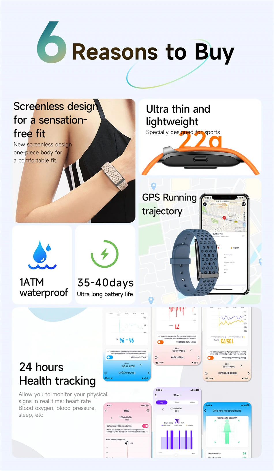 Smart Health Wristband, Wearable Activity Fitness Tracker Multi-Sport Mode All-Day Automatic Continuous Monitoring Health Data