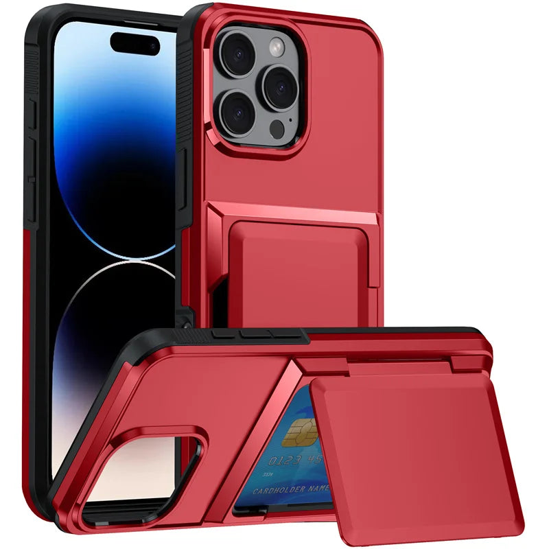 iPhone 15, 14, 16, 13, 12, 11 Pro Max के लिए शॉकप्रूफ सिलिकॉन वॉलेट कार्ड स्लॉट फ्लिप फोन केस, iPhone 17 के लिए ब्रैकेट प्रोटेक्टिव केस