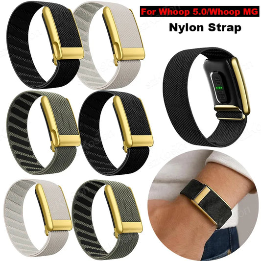 Whoop 5.0/Whoop MG के लिए सांस लेने योग्य नायलॉन स्ट्रैप, रिप्लेसमेंट रिस्टबैंड बैंड, Whoop 5.0 के लिए गोल्ड मेटल फ्रेम के साथ स्पोर्ट्स स्ट्रैप