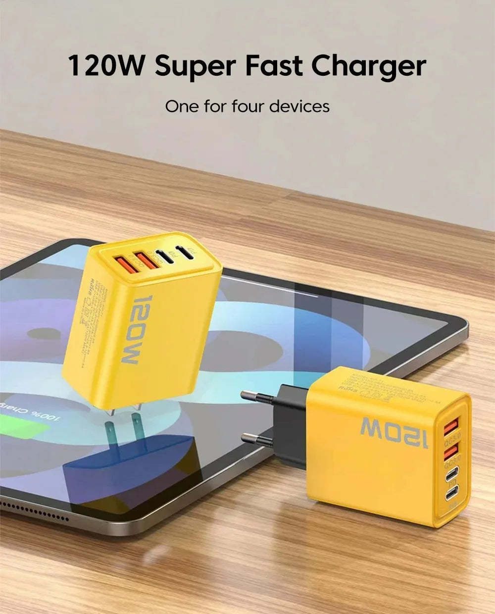 Total 120W USB Type C Charger 4 Port Fast Charging USB Phone Charger Adapter For iPhone Samsung Xiaomi Quick Charge Wall Charger