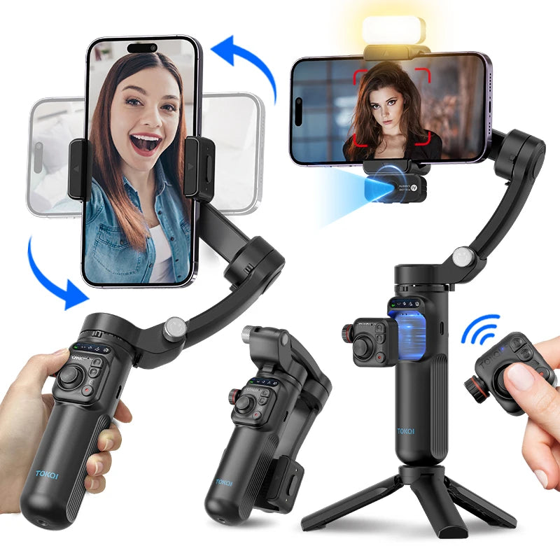 مثبت جيمبال ثلاثي المحاور محمول باليد لأجهزة iPhone و Android، حامل هاتف مضاد للاهتزاز مع حامل ثلاثي القوائم، مناسب للتصوير الفوتوغرافي والفيديو.