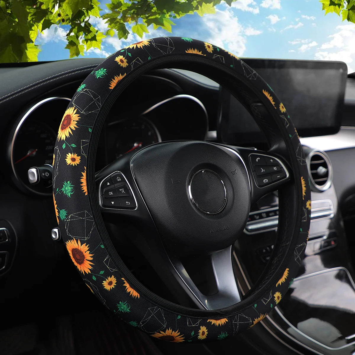 Cherry Blossom & Sunflower Printed Diving Material Car Rimless Steering Wheel Cover Ghost Decoration Fabric For Women