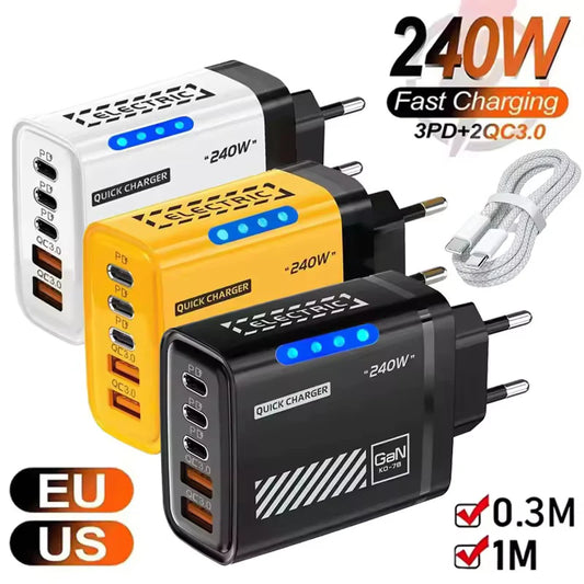 5 IN 1 GaN Desktop Charger For IPhone17 16Pro Laptop Samsung 240W Fast Charging Adapter USB C To Type-C Cable 3PD 2USB Charger