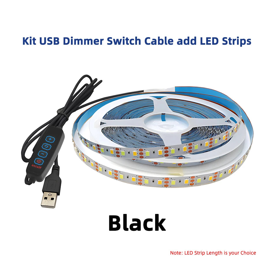 0.5-5 मीटर यूएसबी 5V एलईडी डुअल कलर स्ट्रिप लाइट किट, 120 एलईडी/मीटर, 3000K, 4000K, 6000K सीसीटी फ्लेक्सिबल टेप बार लैंप, 4-की 2 मीटर डिमर कंट्रोलर के साथ।