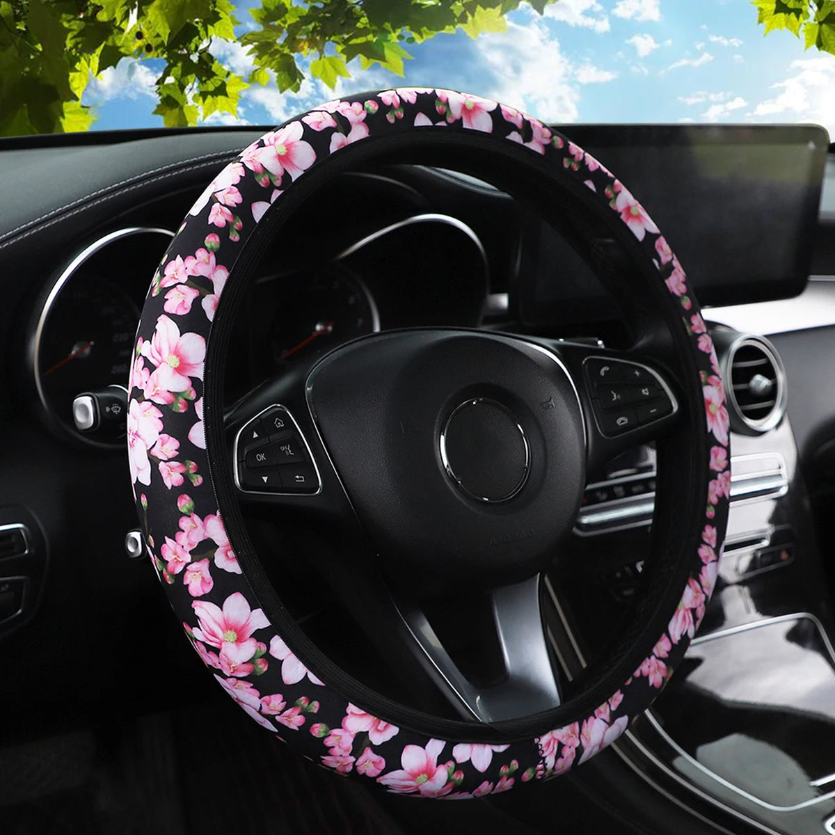 Cherry Blossom & Sunflower Printed Diving Material Car Rimless Steering Wheel Cover Ghost Decoration Fabric For Women