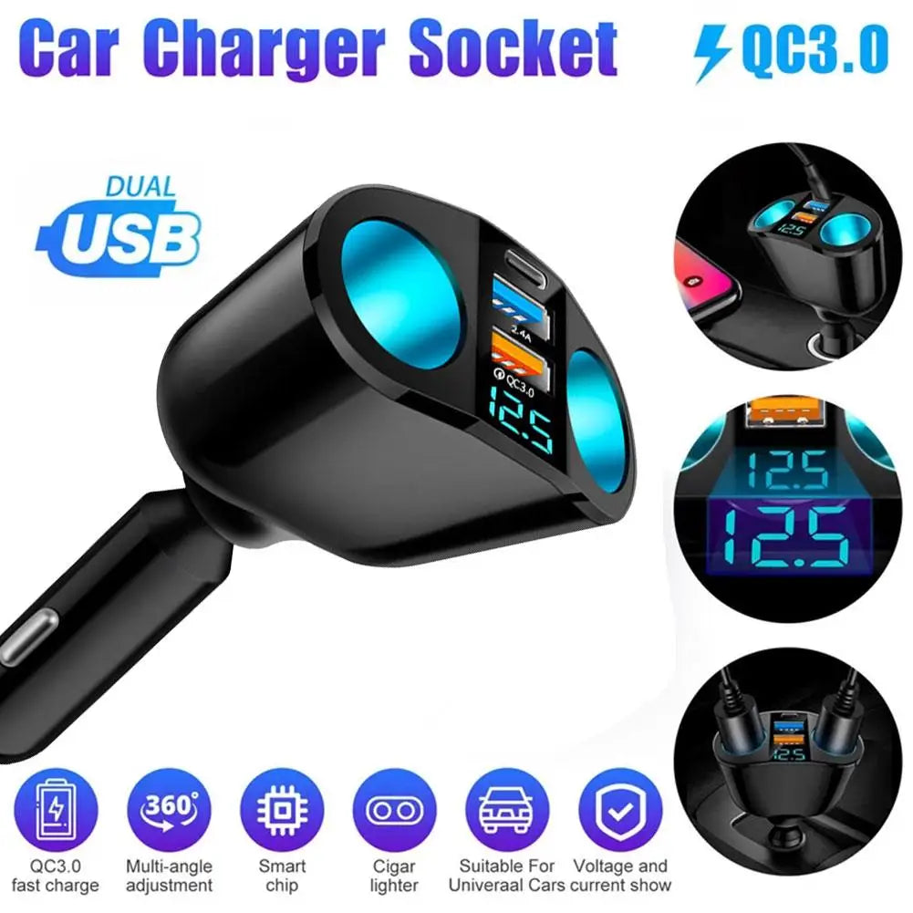66W Fast Car Charger 12V-24V Socket Splitter Dual USB Type-C Car Charging Digital Display For Mobile Phone DVR Fast Charging
