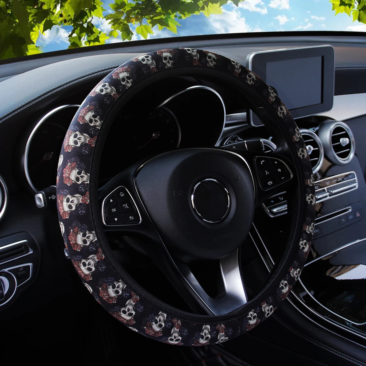 Cherry Blossom & Sunflower Printed Diving Material Car Rimless Steering Wheel Cover Ghost Decoration Fabric For Women