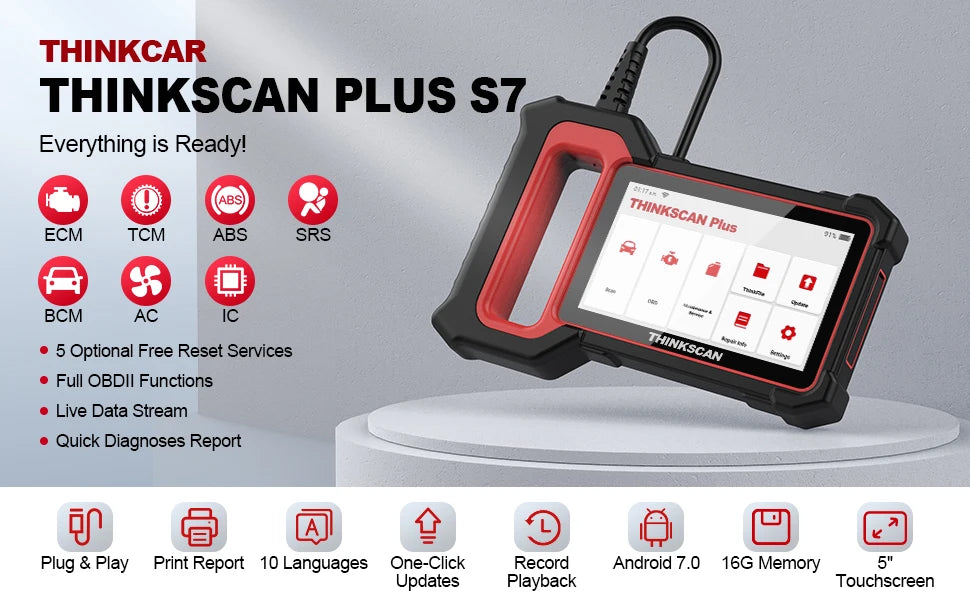 جهاز فحص أعطال السيارات Thinkscan Plus S7 OBD2، ماسح ضوئي لتشخيص أعطال المحرك، ونظام منع انغلاق المكابح (ABS)، وناقل الحركة، ومكيف الهواء، ووحدة التحكم الإلكترونية (BCM)، والوسائد الهوائية، وقارئ أكواد الأعطال، وأدوات فحص السيارات.