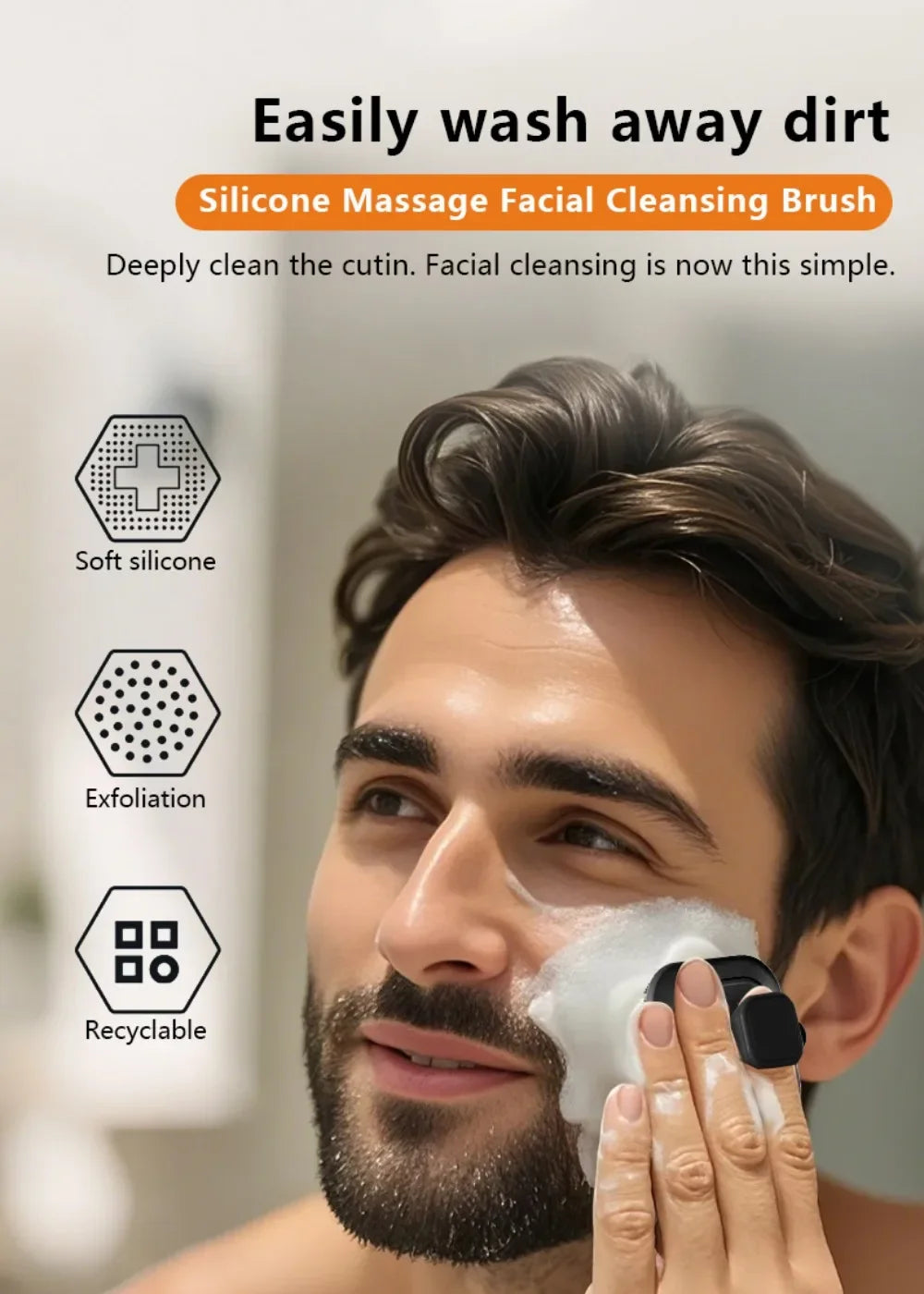 2-in-1 Men's Silicone Brush - Square Face & Beard Exfoliator, Travel-Size Deep Cleanser for Grooming Essentials