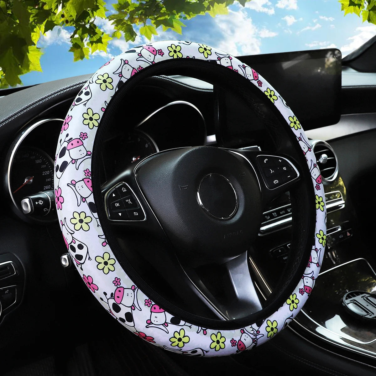 Cherry Blossom & Sunflower Printed Diving Material Car Rimless Steering Wheel Cover Ghost Decoration Fabric For Women
