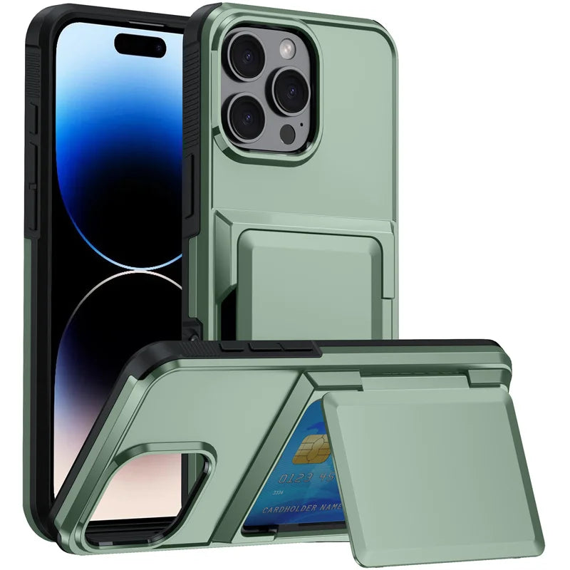 iPhone 15, 14, 16, 13, 12, 11 Pro Max के लिए शॉकप्रूफ सिलिकॉन वॉलेट कार्ड स्लॉट फ्लिप फोन केस, iPhone 17 के लिए ब्रैकेट प्रोटेक्टिव केस