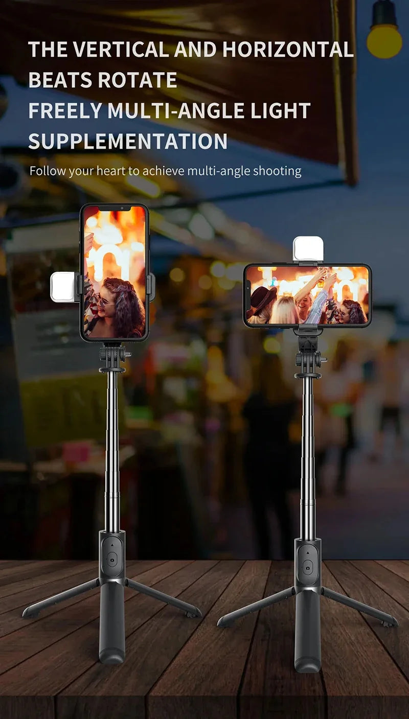 عصا سيلفي جديدة بطول 1045 مم، مزودة بجهاز تحكم عن بعد لاسلكي بتقنية بلوتوث، وإضاءة LED، وحامل ثلاثي القوائم ثابت قابل للتمديد، متوافقة مع هواتف أندرويد وiOS