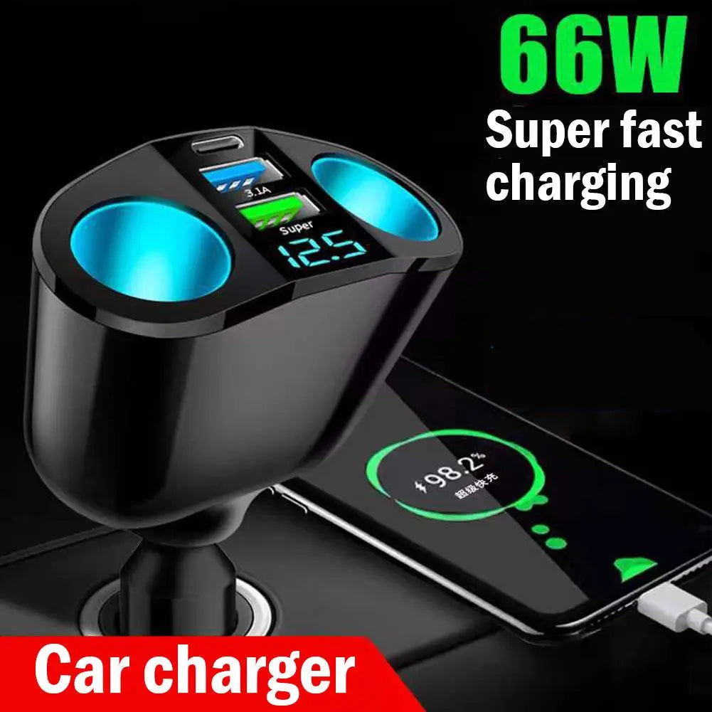 66W Fast Car Charger 12V-24V Socket Splitter Dual USB Type-C Car Charging Digital Display For Mobile Phone DVR Fast Charging
