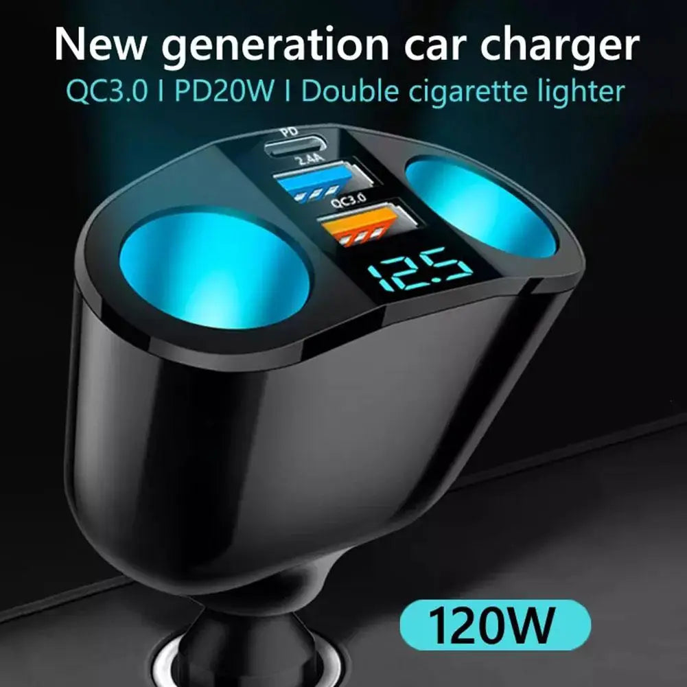 66W Fast Car Charger 12V-24V Socket Splitter Dual USB Type-C Car Charging Digital Display For Mobile Phone DVR Fast Charging