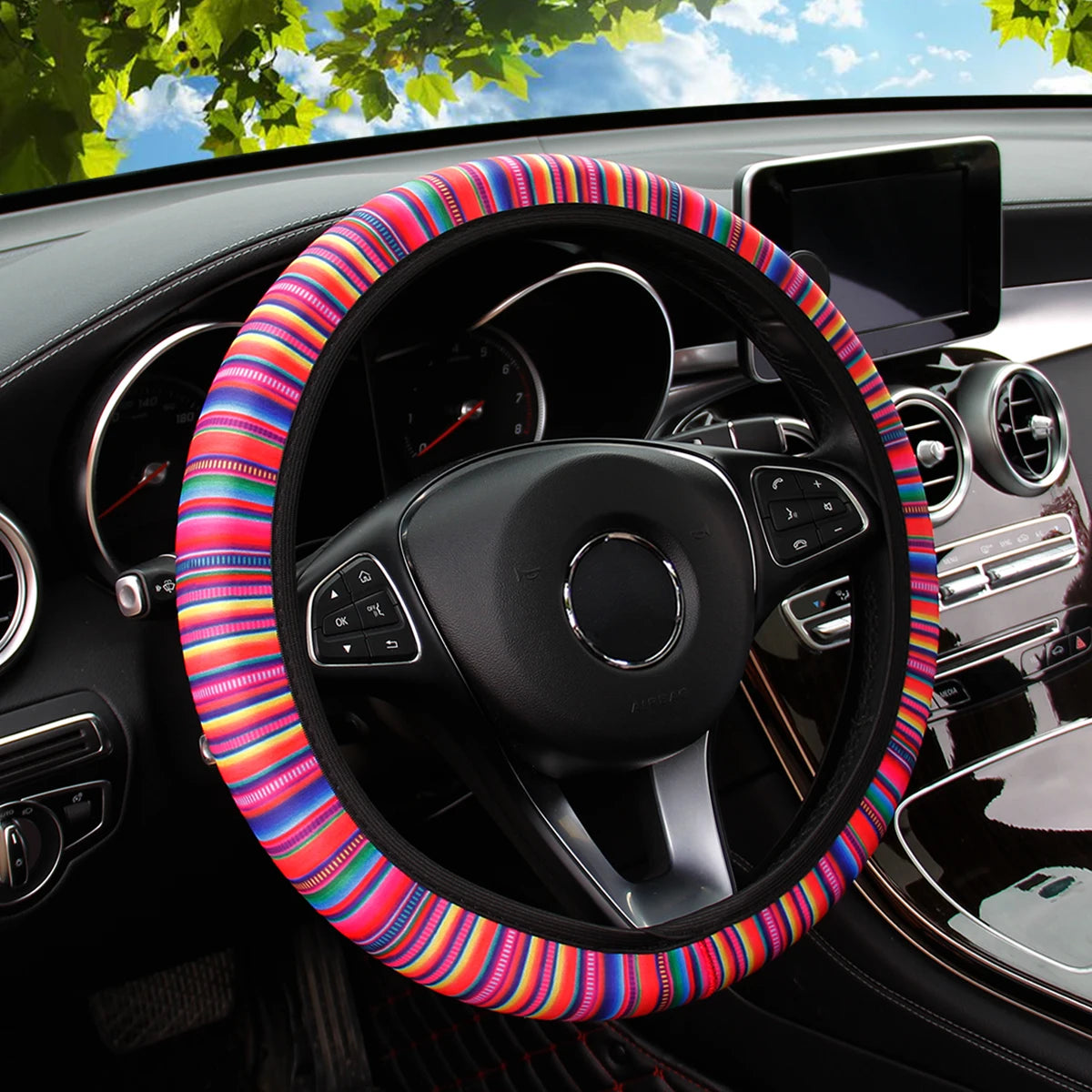 Cherry Blossom & Sunflower Printed Diving Material Car Rimless Steering Wheel Cover Ghost Decoration Fabric For Women