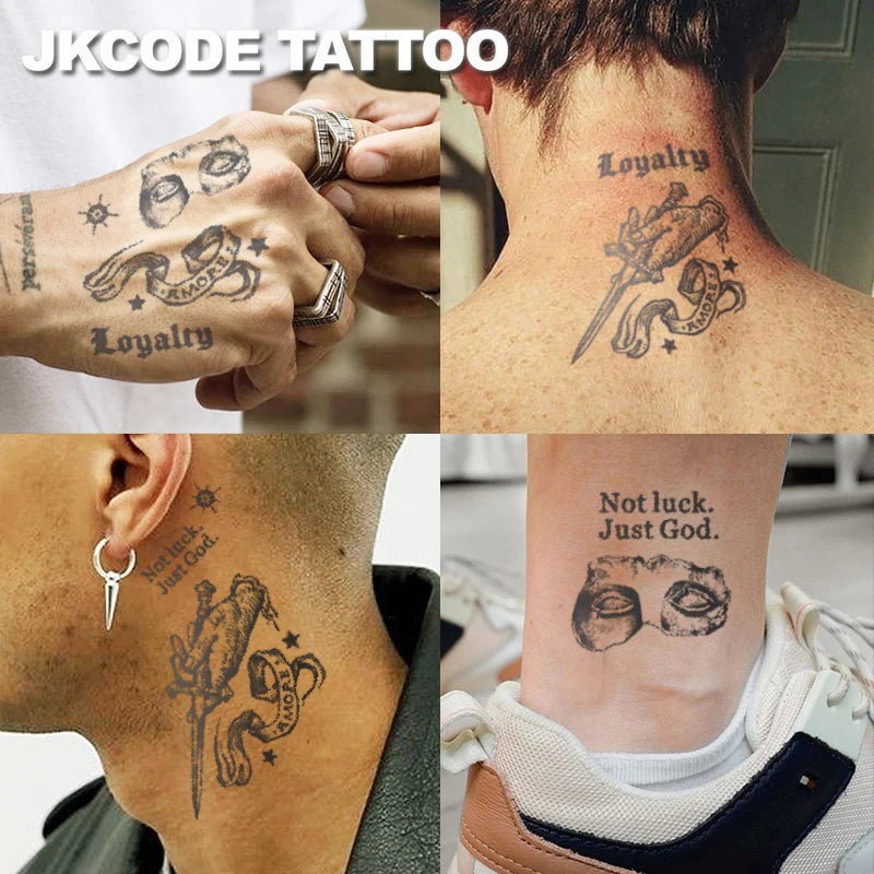 Herbal Halloween Tattoo - Cool Graffiti Style Sketch Tattoo - Mysterious Ball Mask Tattoo - Gothic Style - English Pattern "Loyalty" - Casual Tattoo for Men and Women on Hands, Feet, and Head - Long-Lasting Waterproof Tattoo