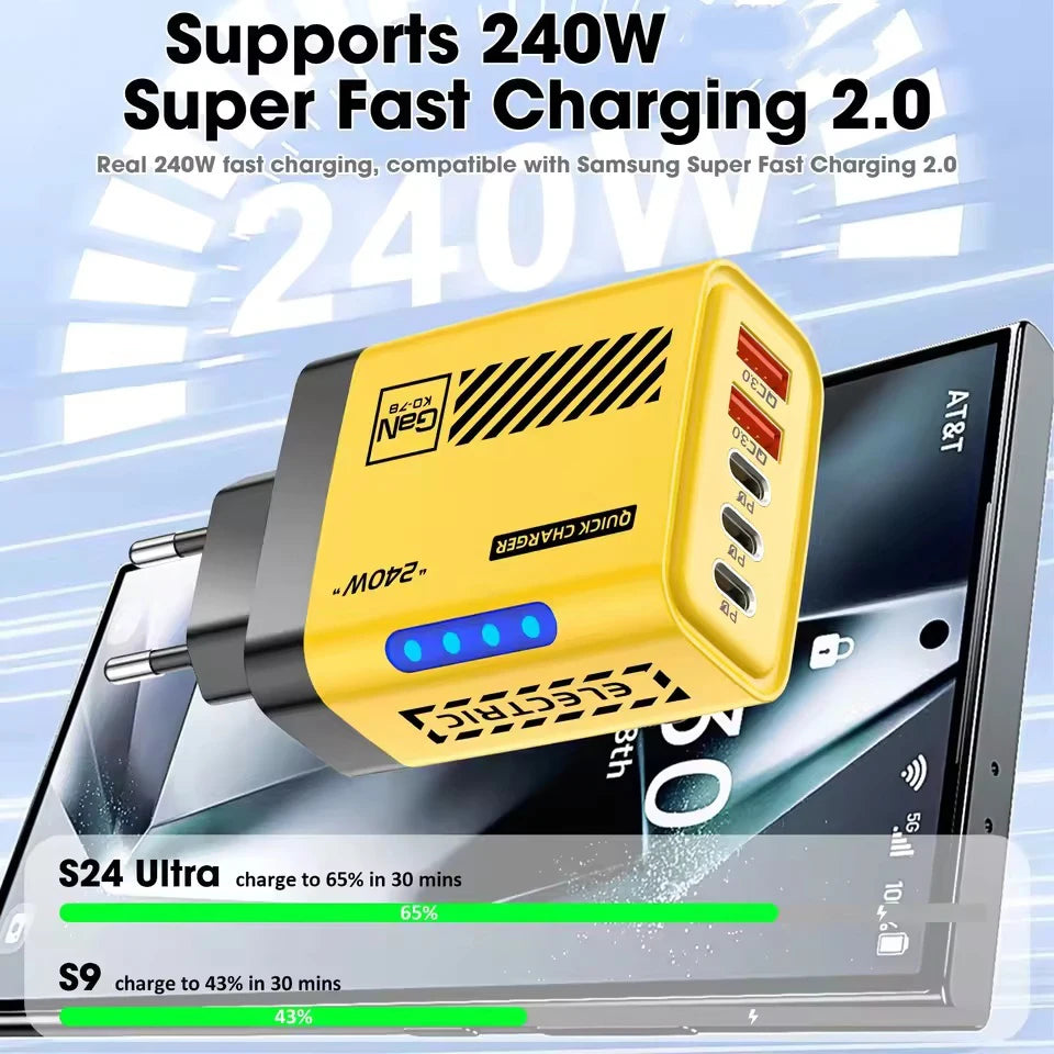 5 IN 1 GaN Desktop Charger For IPhone17 16Pro Laptop Samsung 240W Fast Charging Adapter USB C To Type-C Cable 3PD 2USB Charger