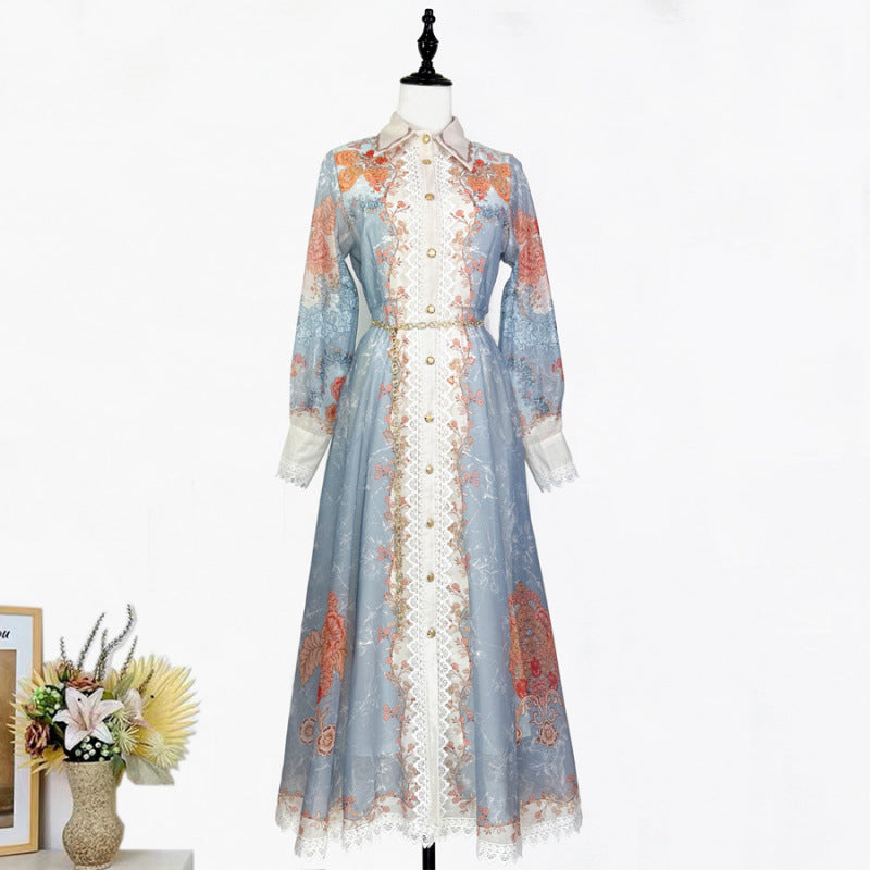 Printed Collar Single Breasted Lace Dress