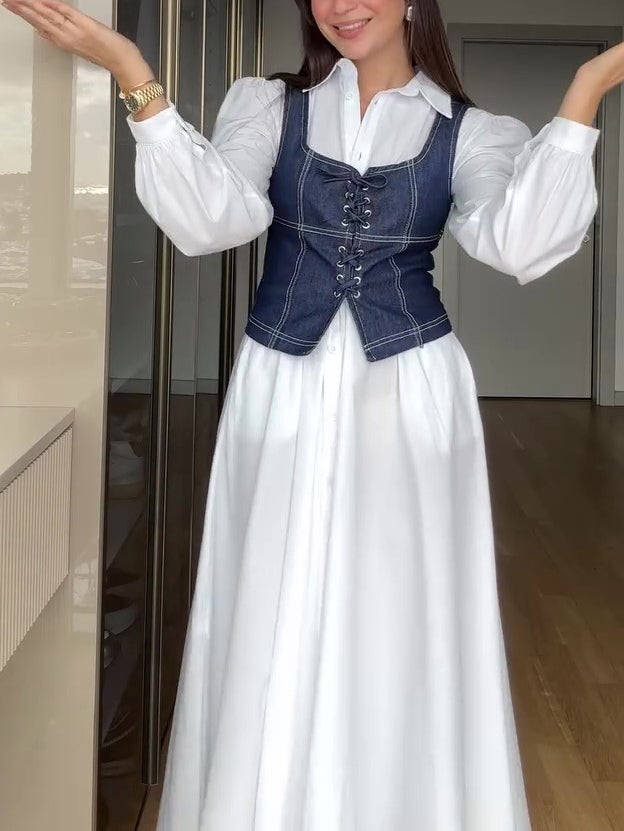 सफेद स्ट्रैपी लॉन्ग स्लीव शर्ट ड्रेस