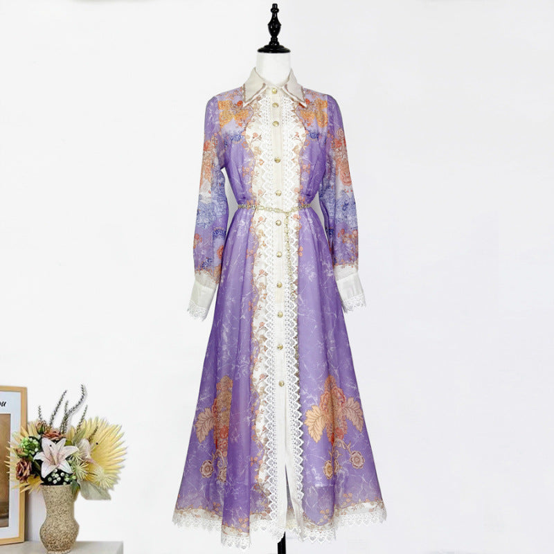 Printed Collar Single Breasted Lace Dress