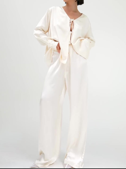 Cream Satin Tie-Front Top And Wide-Leg Pants Set