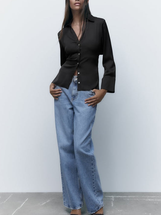 Black Satin Backless Lace-up Shirt