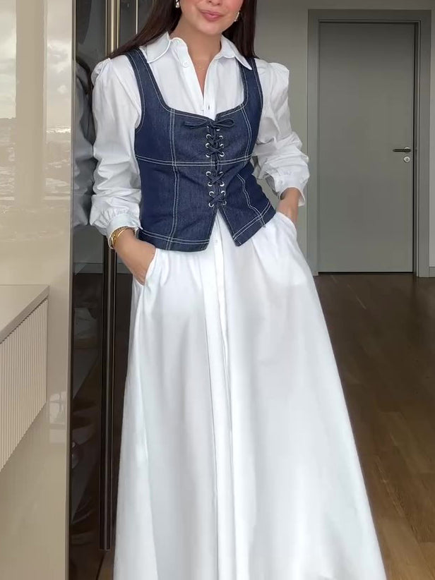 सफेद स्ट्रैपी लॉन्ग स्लीव शर्ट ड्रेस