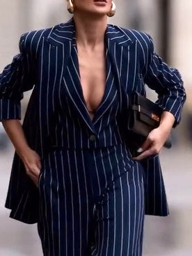 Elegant Striped Blazer & High Waist Pants Set