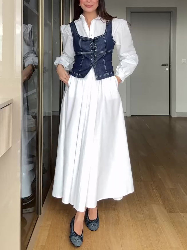 सफेद स्ट्रैपी लॉन्ग स्लीव शर्ट ड्रेस