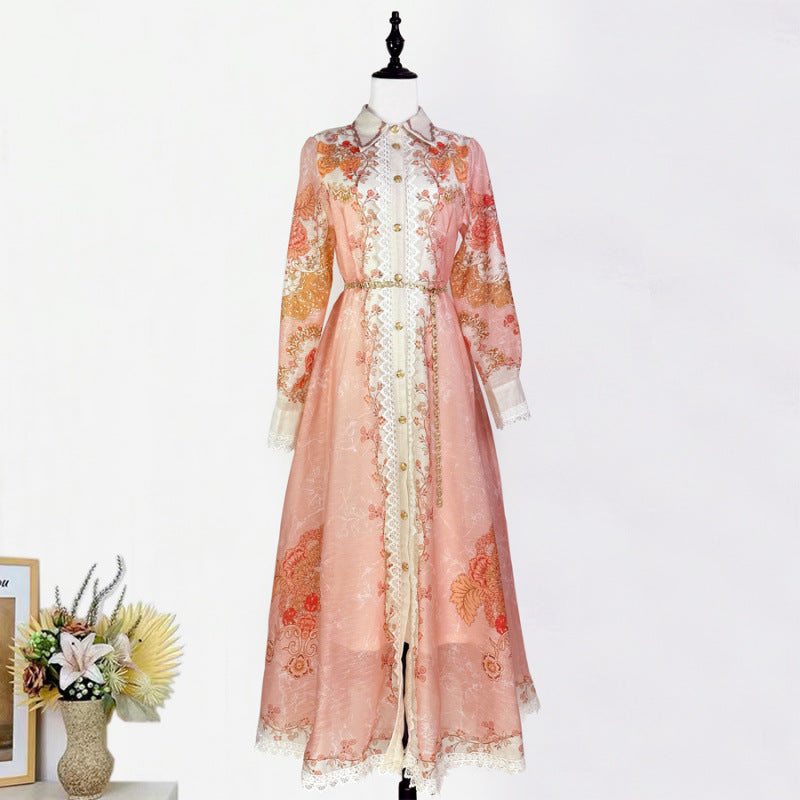 Printed Collar Single Breasted Lace Dress