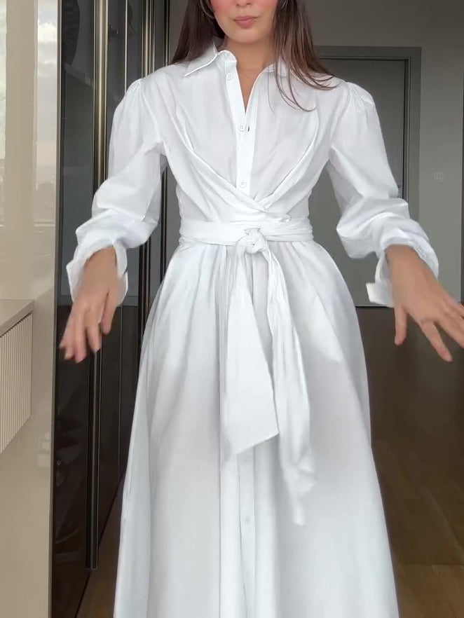 सफेद स्ट्रैपी लॉन्ग स्लीव शर्ट ड्रेस