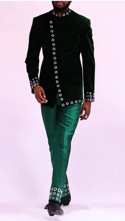 Chic Dark Green Formal Ensemble With Adjustable Eyelet Trim And Structured Silhouette