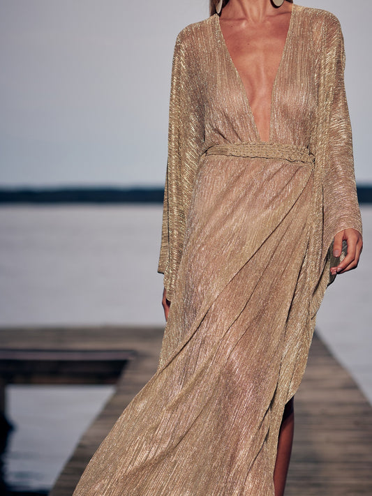 Champagne Deep V Pleated Dolman Sleeve Dress