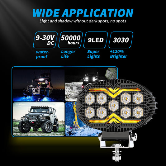 Black Warrior 55-inch Oval 9led Work Light Two-color Modified Car LED Floodlight Paving Belt Daytime Running Lamp