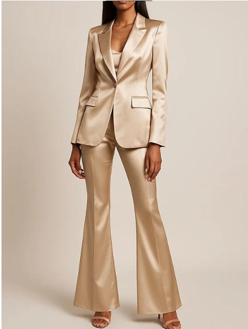 Champagne Colored Wedding Graduation Party Dance Satin 2-Piece Suit