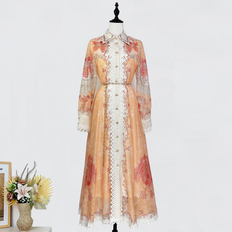 Printed Collar Single Breasted Lace Dress