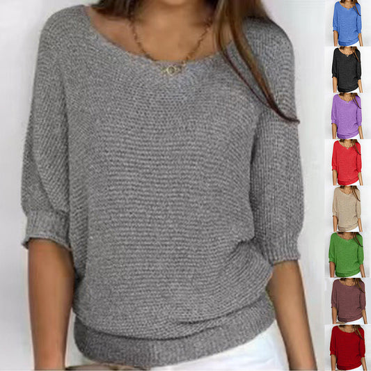 Three-quarter Sleeve Pullover Sweater Fashion Solid Color Loose Round Neck Knitted Top For Women Clothing