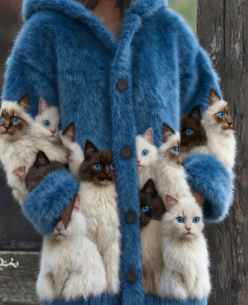 Womens Casual Hooded Cape With Cat Print